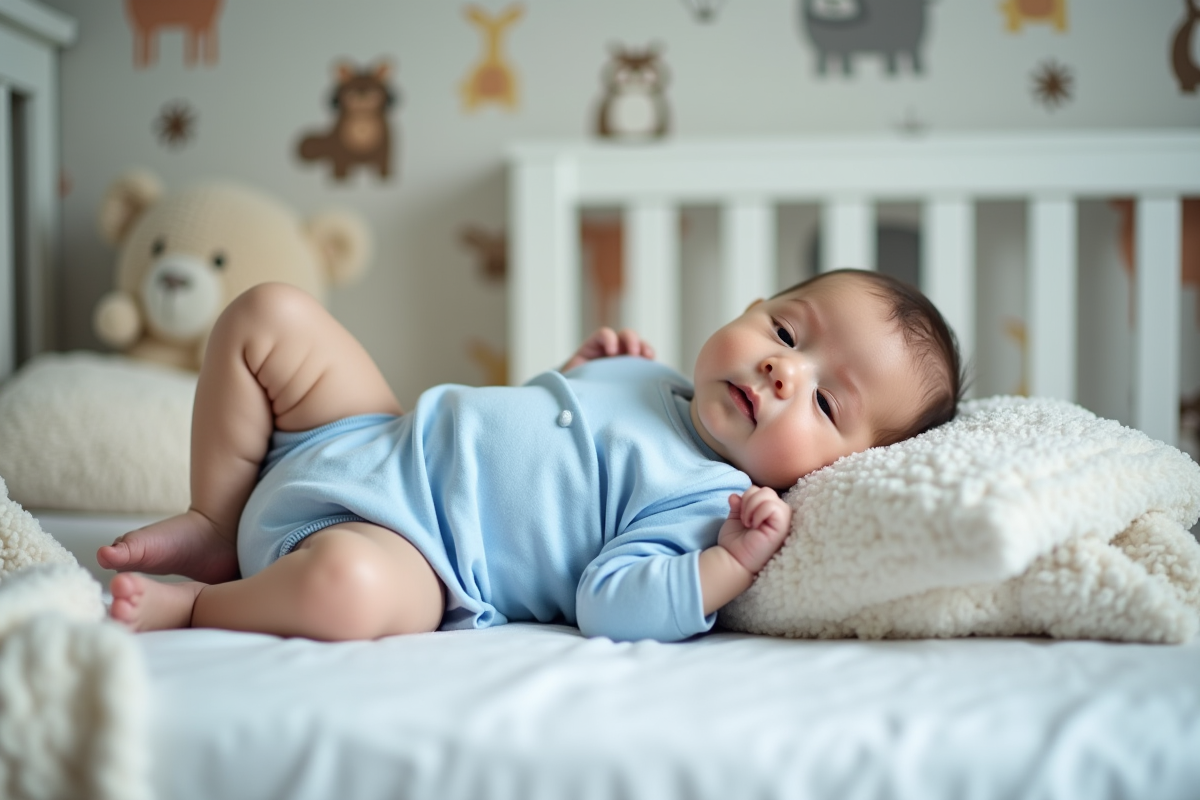 Bebe garcon réveillé dans une nurserie douce