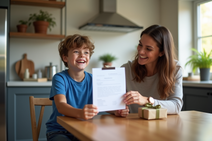 Garçon souriant avec son bulletin et cadeau en cuisine
