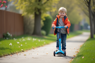 Garçon souriant roulant en scooter dans un jardin