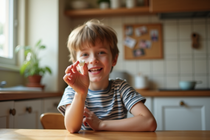 Garçon souriant de 6 ans montrant sa dent de lait