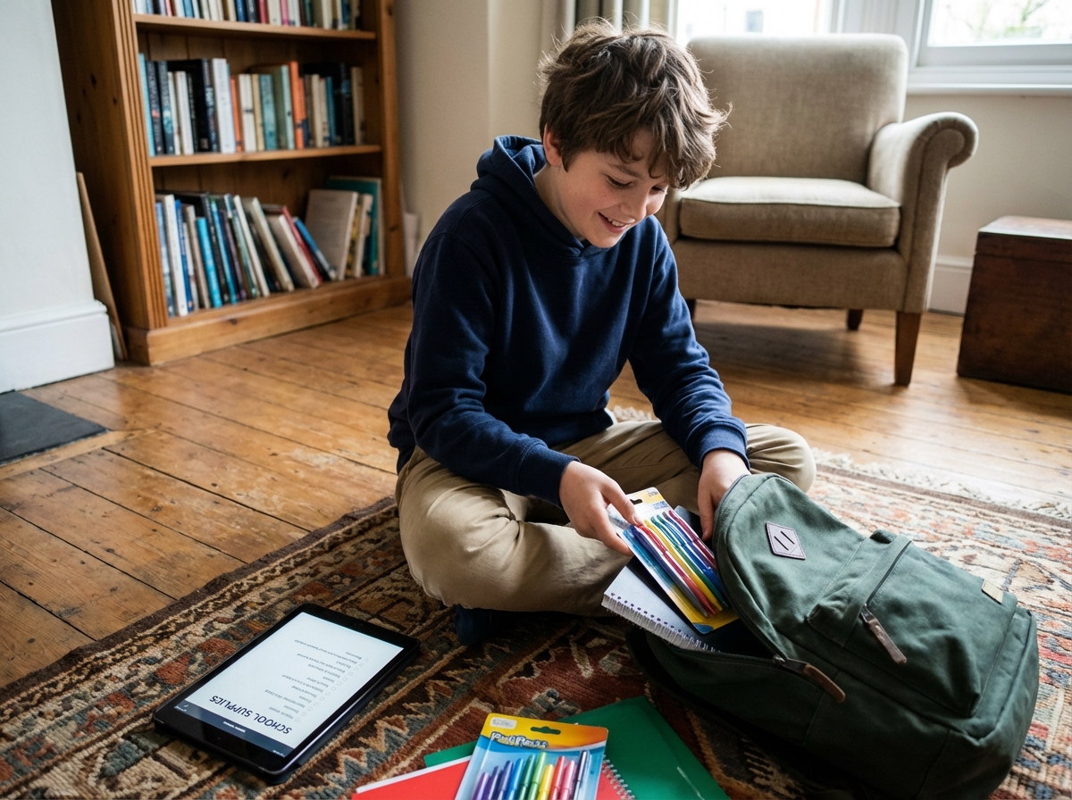 Garçon avec sac à dos et tablette pour la liste de courses