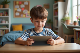 Garçon de 7 ans utilisant une tablette dans sa chambre