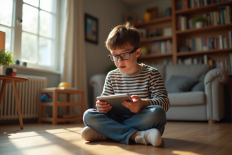 Garçon de 10 ans concentré sur une tablette dans un salon chaleureux