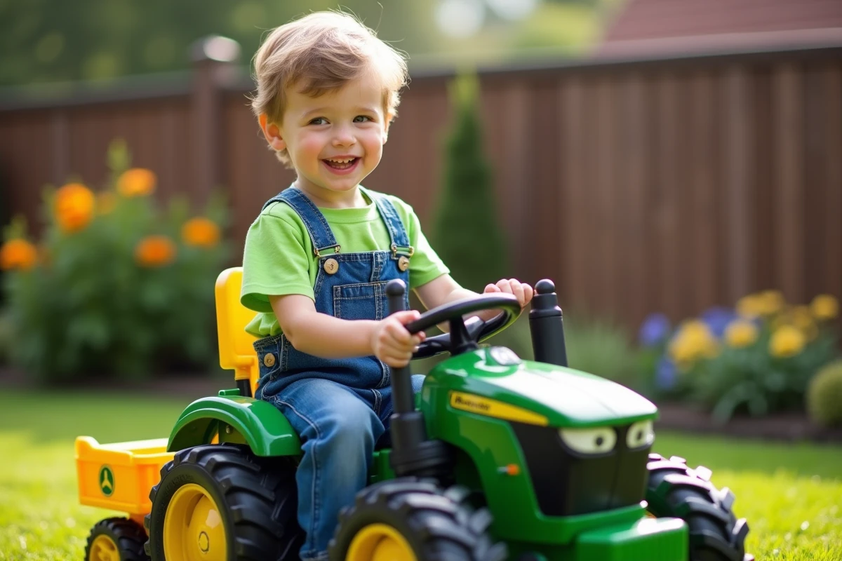 Garçon souriant sur un tracteur électrique dans le jardin