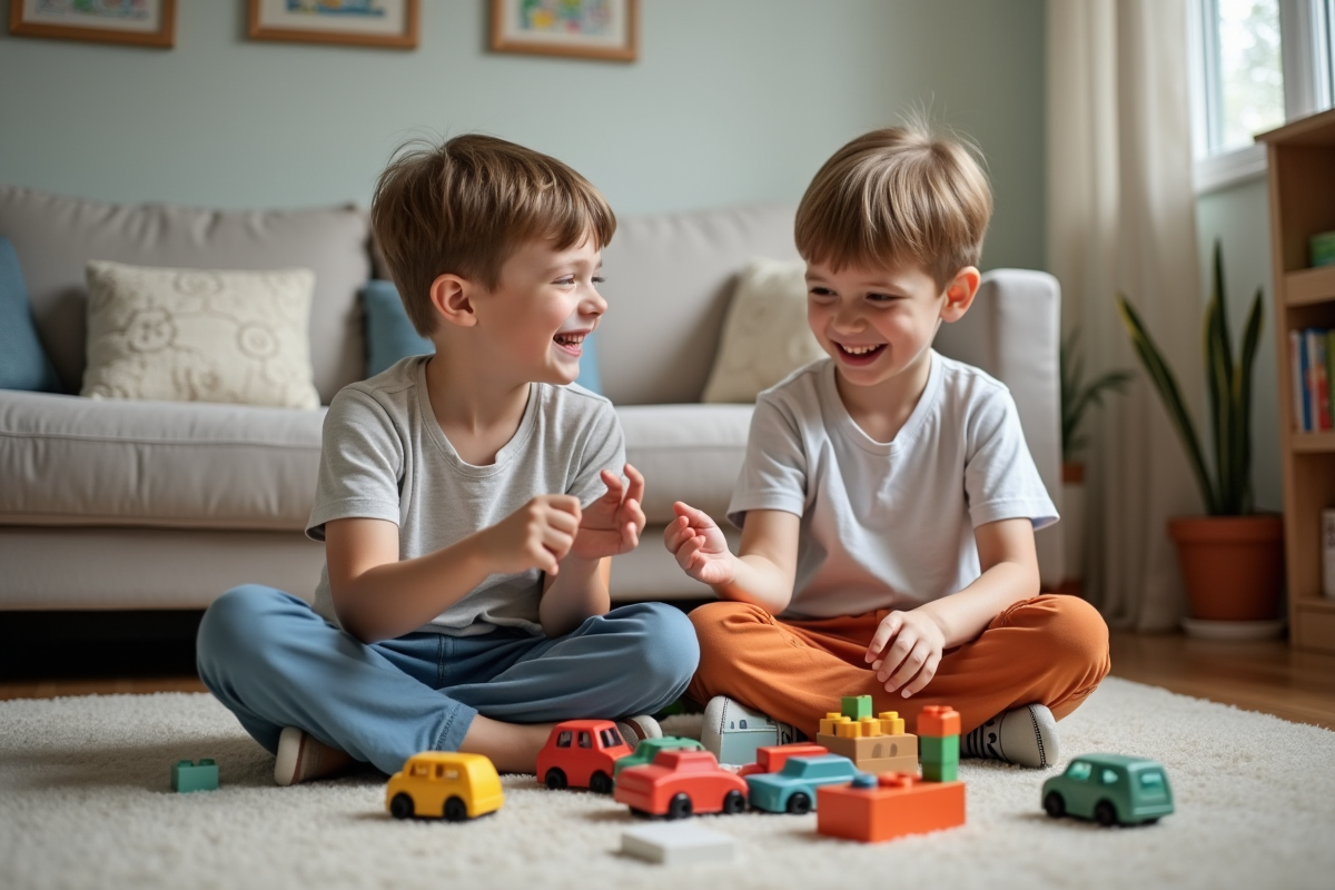 Deux garçons jouent avec des blocs et des voitures dans le salon