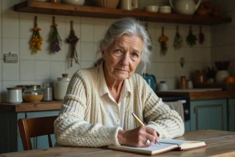 Grand-mère écrivant un poème dans sa cuisine rustique, ambiance chaleureuse et authentique