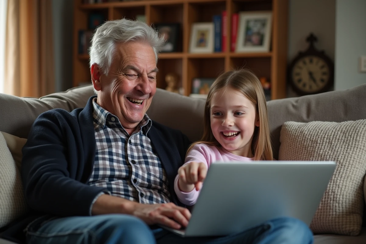 Grand-pere et petite fille souriants avec ordinateur portable