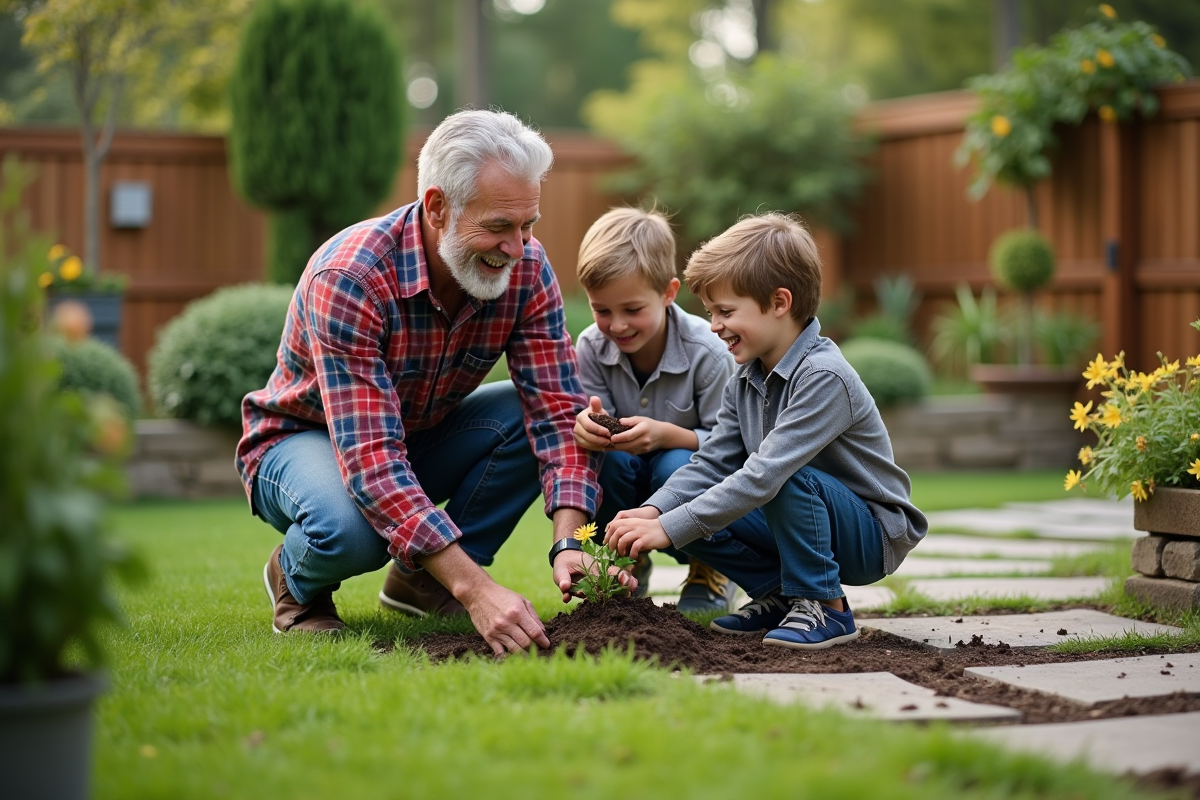 Grand-pere aide ses petits enfants a planter dans le jardin