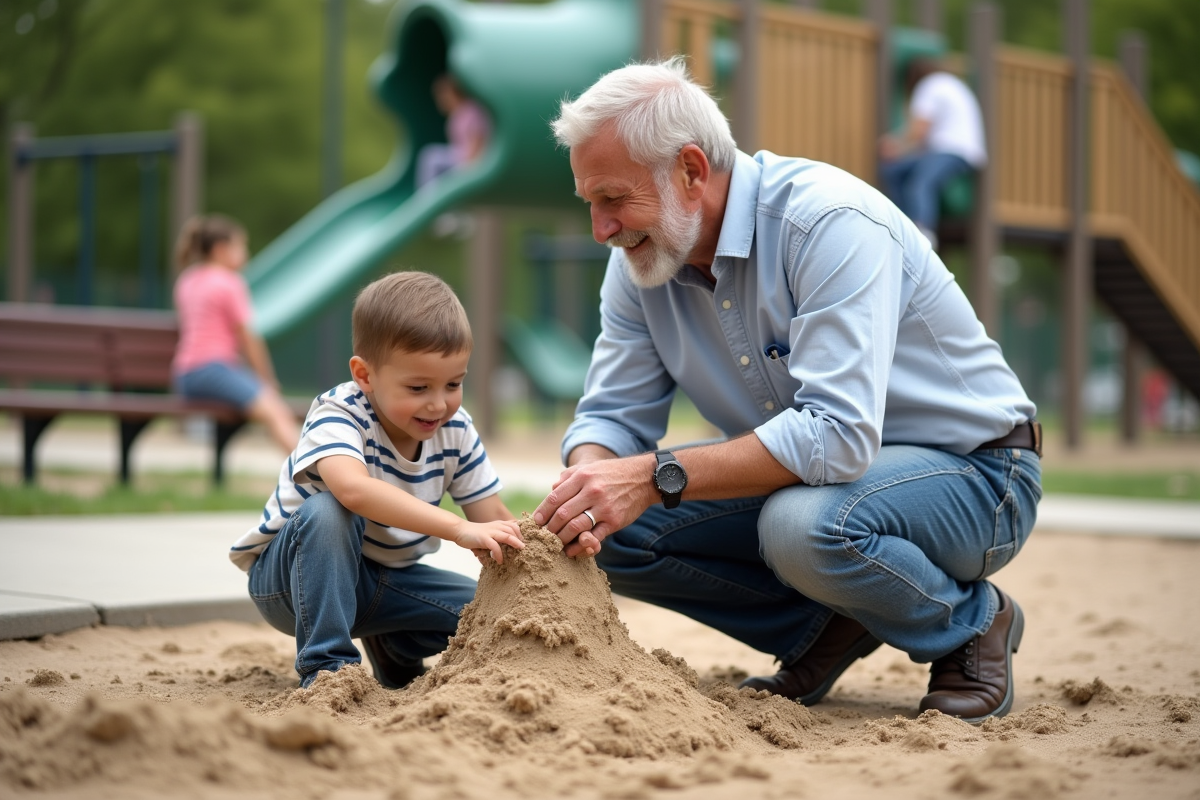 Grand-pere jouant avec son petit-fils dans un terrain de jeu