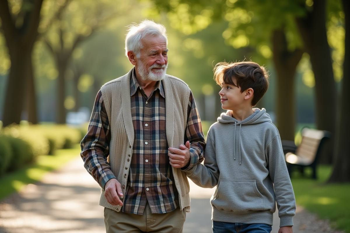 Grand-père marche avec son petit-fils dans un parc ensoleille