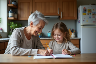 Grand-mere aidant sa petite fille à faire ses devoirs à la cuisine