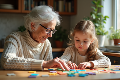Soeur et petite fille jouent au puzzle dans une cuisine chaleureuse
