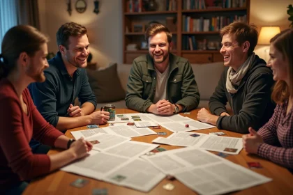 Groupe d'adultes jouant à la Bonne Paye autour d'une table avec les règles imprimées sur papier