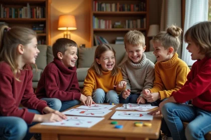 Enfants rieurs jouant &agrave; un d&eacute;fi dans un salon chaleureux