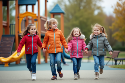 Groupe d'enfants souriants jouant dans un parc avec structures en bois