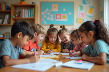Enfants d'école primaire en groupe dans une classe moderne
