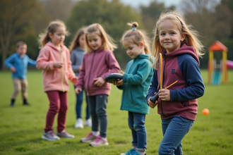 Enfants de 6 a 10 ans jouant dehors sur un terrain scolaire