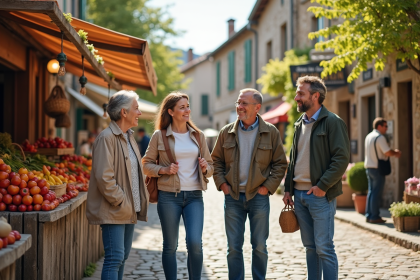 Groupe de quatre adultes souriants près d'un marché coloré en village
