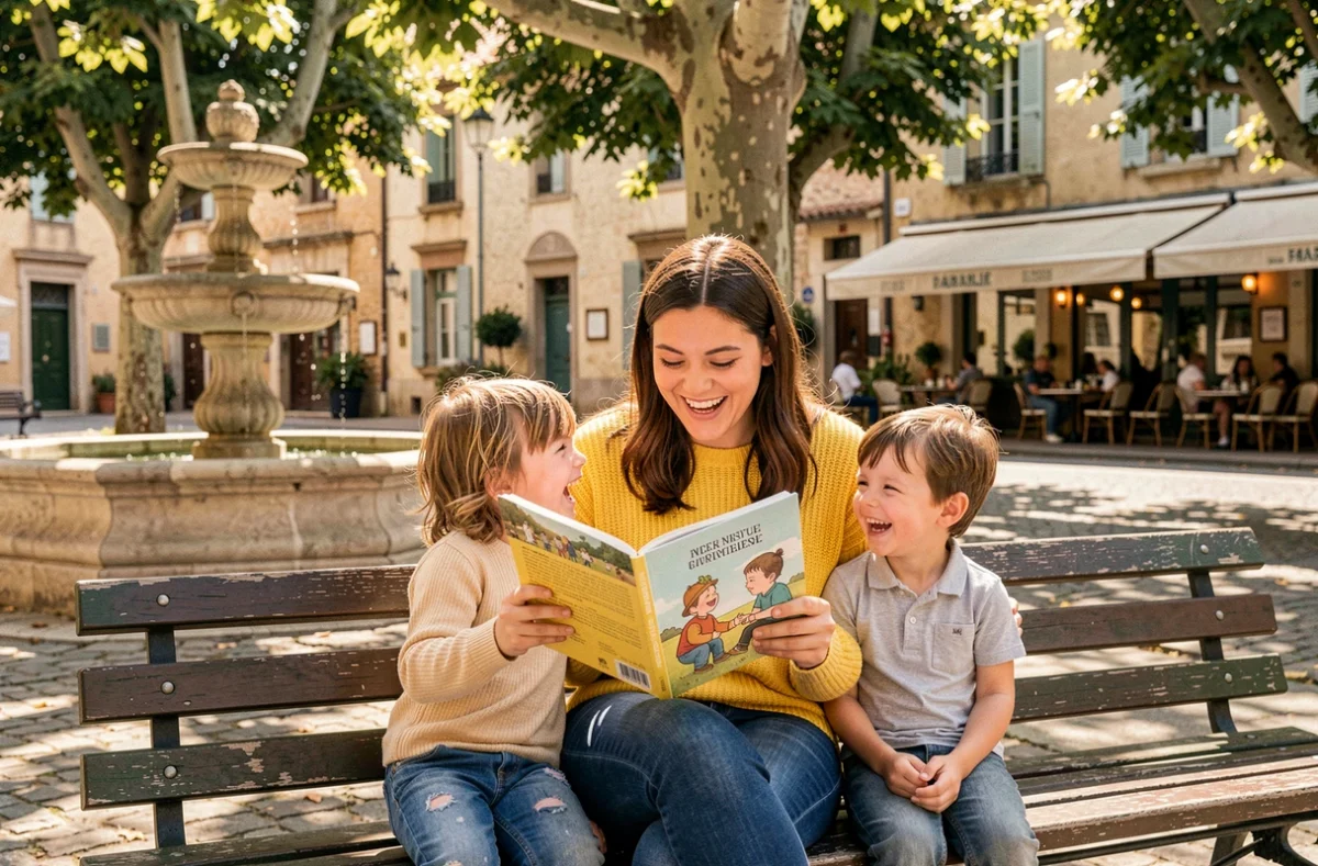 Une baby-sitter Happysitters lit une histoire animée à deux enfants sur un banc dans une place de village ensoleillée du sud de la France