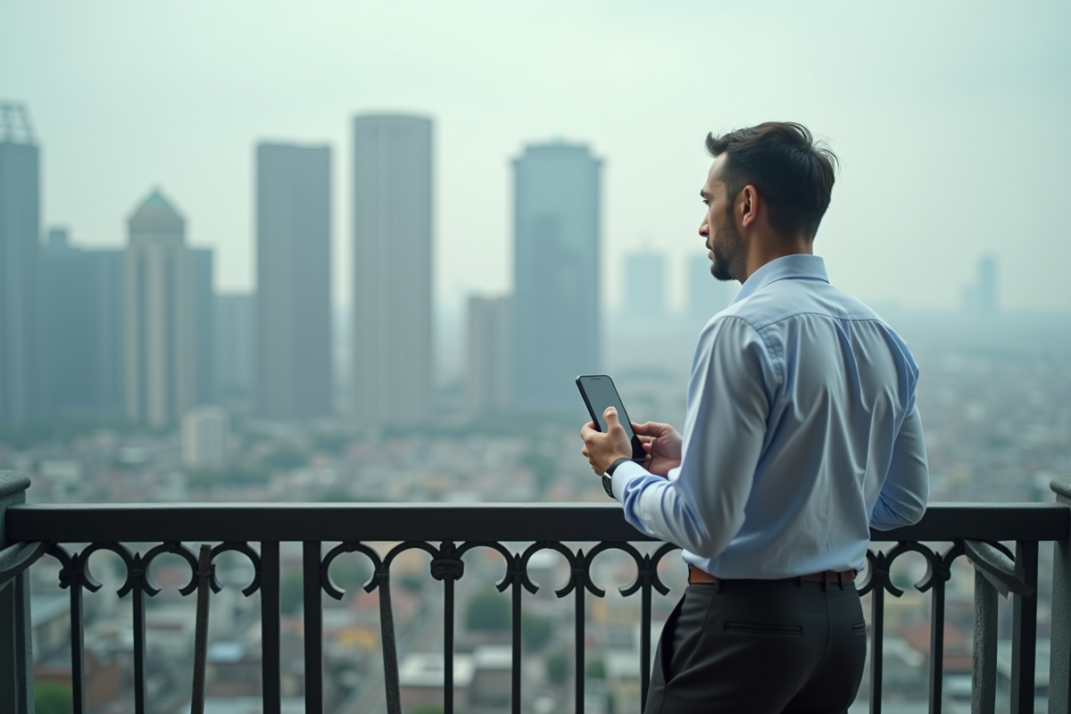 Homme regardant la ville depuis un balcon urbain