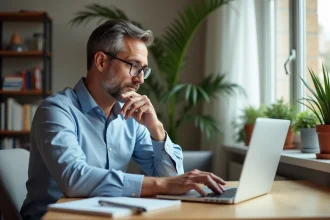 Homme d'âge moyen naviguant sur un site bancaire sur son ordinateur