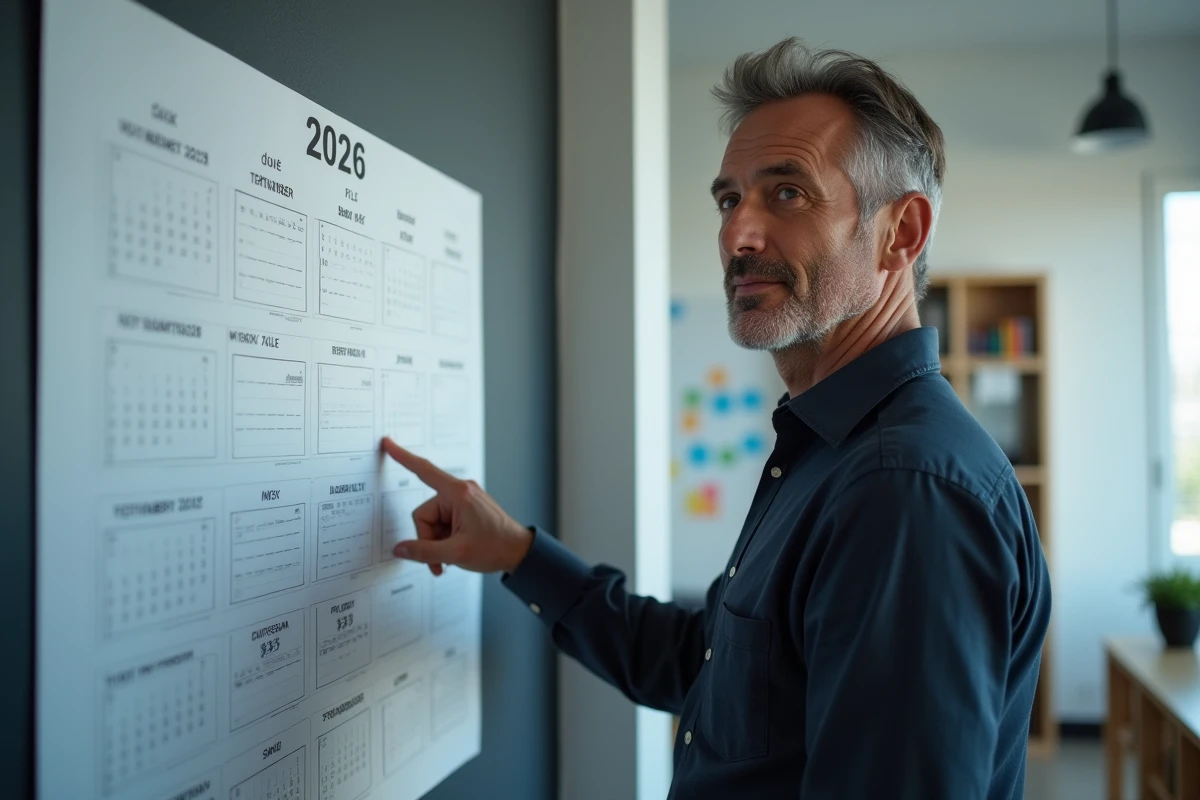 Homme en bureau désignant une semaine sur un calendrier annuel 2026 affiché au mur
