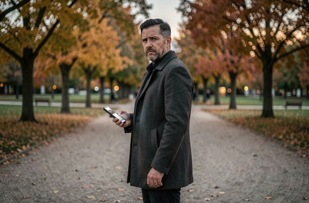 Homme seul dans un parc automnal tenant un smartphone avec deux conversations ouvertes, symbolisant une relation amoureuse complexe