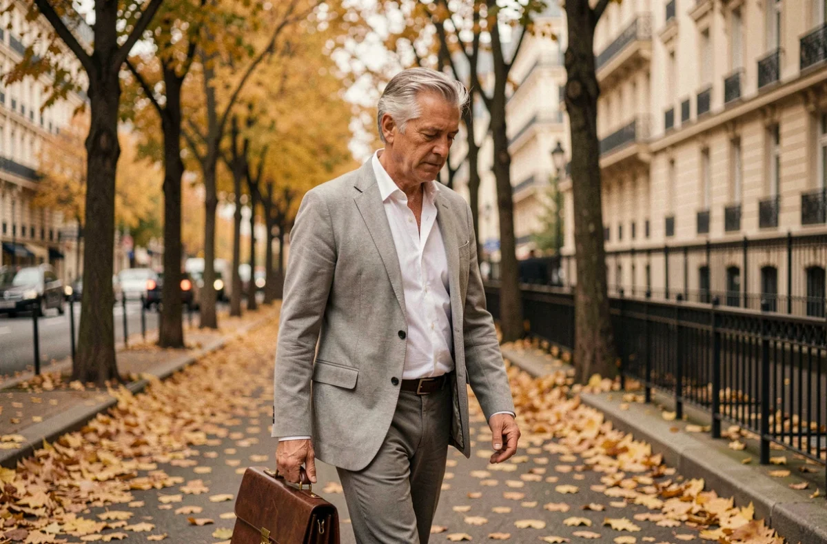 Homme aux cheveux gris marchant seul sur un boulevard parisien en automne, valise à la main, dans une atmosphère de discrétion et d'anonymat élégant