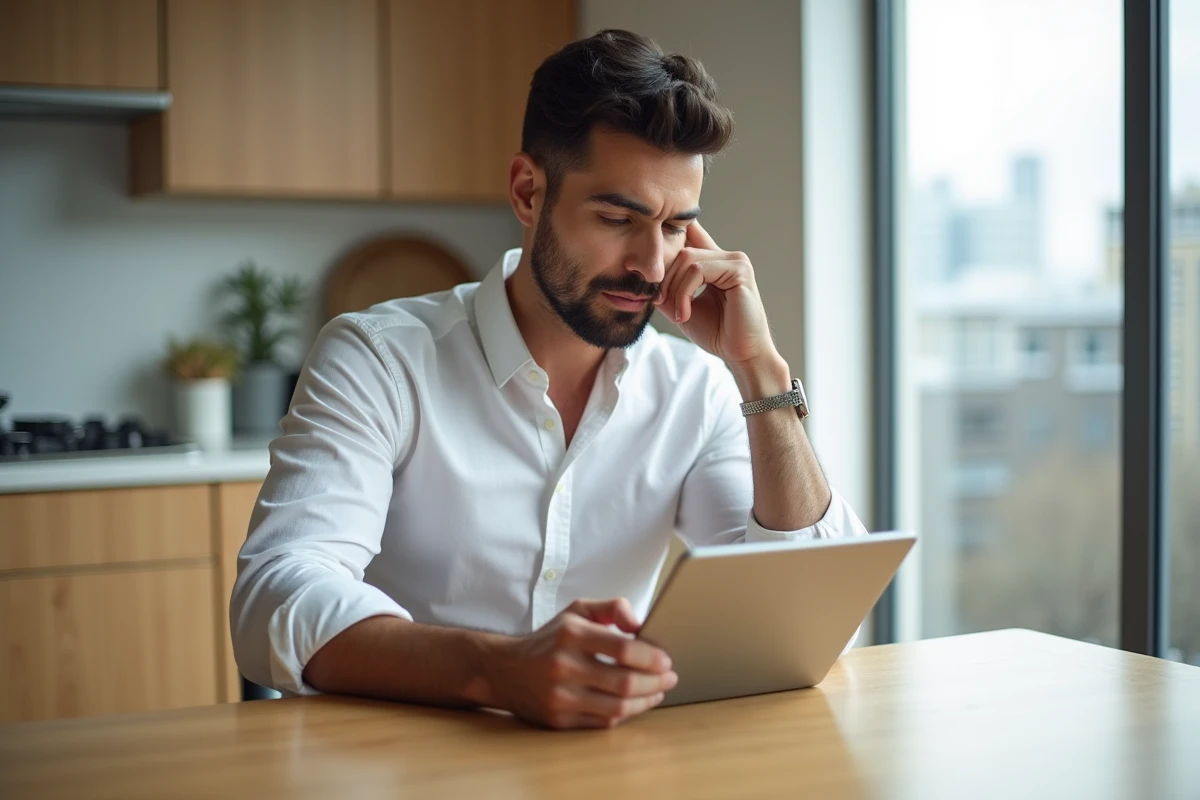 Homme consultant un service de divorce par internet sur une tablette dans une cuisine moderne