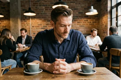 Homme pensif assis seul entre deux tasses de café vides dans un café urbain, illustrant le dilemme amoureux