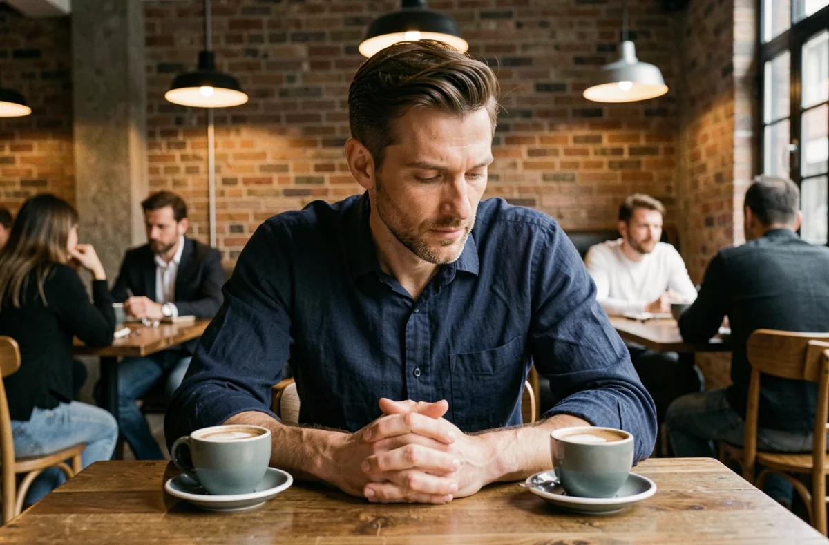 Homme pensif assis seul entre deux tasses de café vides dans un café urbain, illustrant le dilemme amoureux
