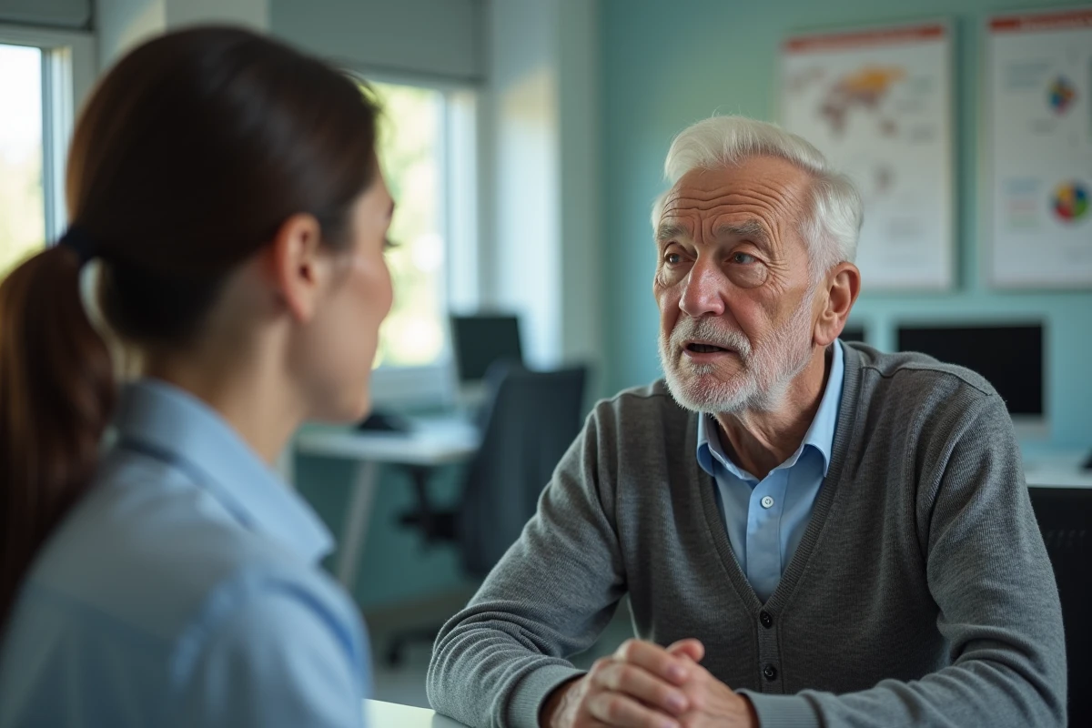 Homme âgé parle avec une agente dans un bureau administratif