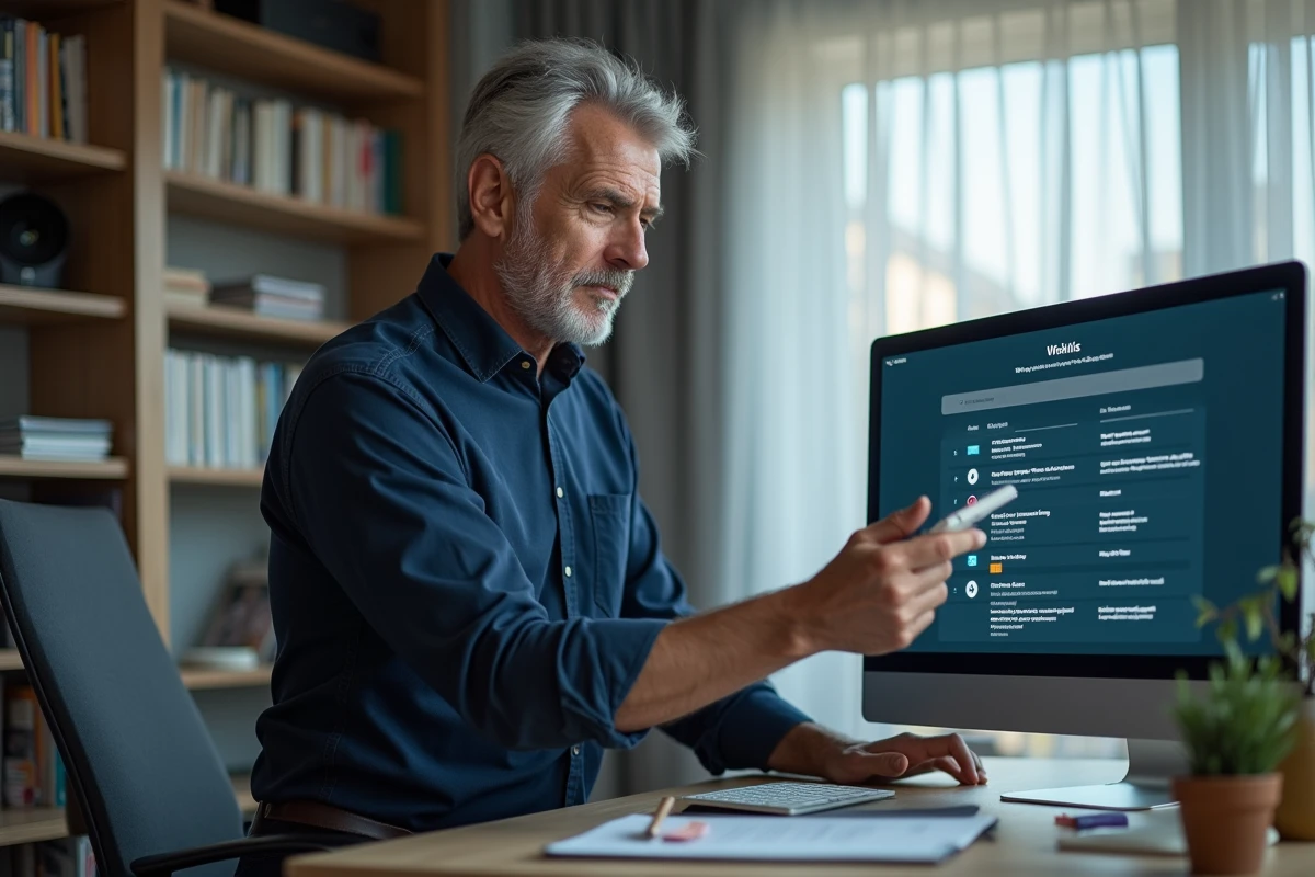 Homme organisant ses listes de souhaits sur ordinateur dans un bureau à domicile moderne, pour illustrer la gestion de compte en ligne