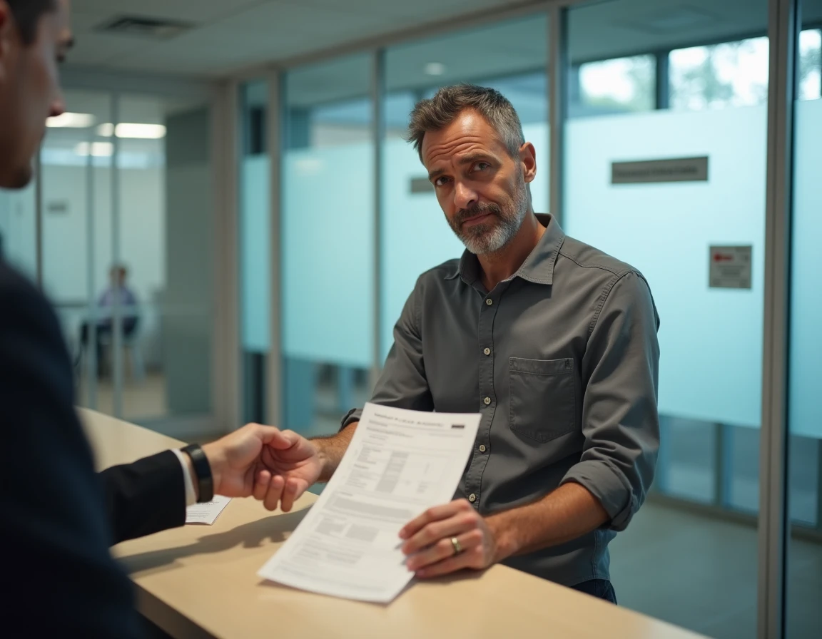 Homme déposant des documents au guichet administratif pour un passeport avec erreur de nom d'usage