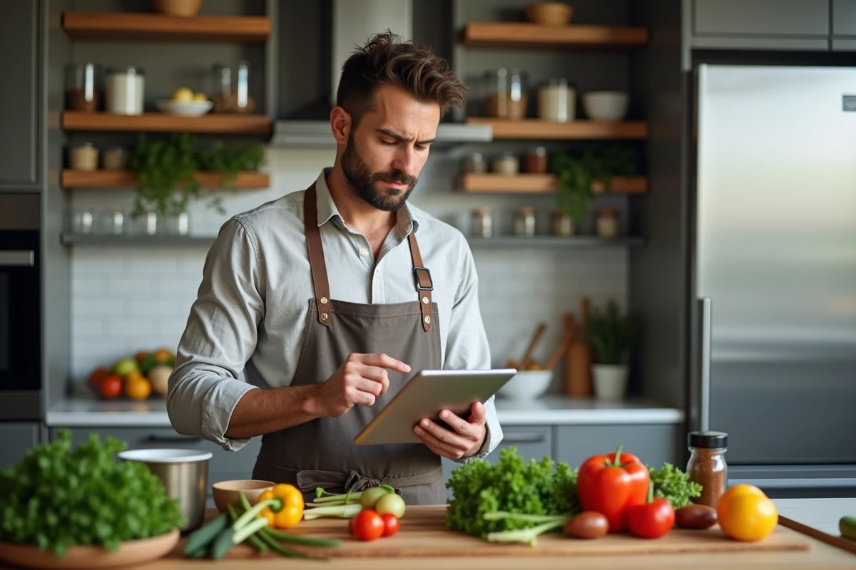 Homme consultant une liste de recettes sur tablette tout en préparant des ingrédients frais dans une cuisine moderne