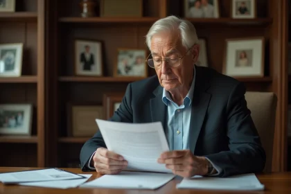 Homme d'&acirc;ge moyen lisant un document m&eacute;dical dans un bureau