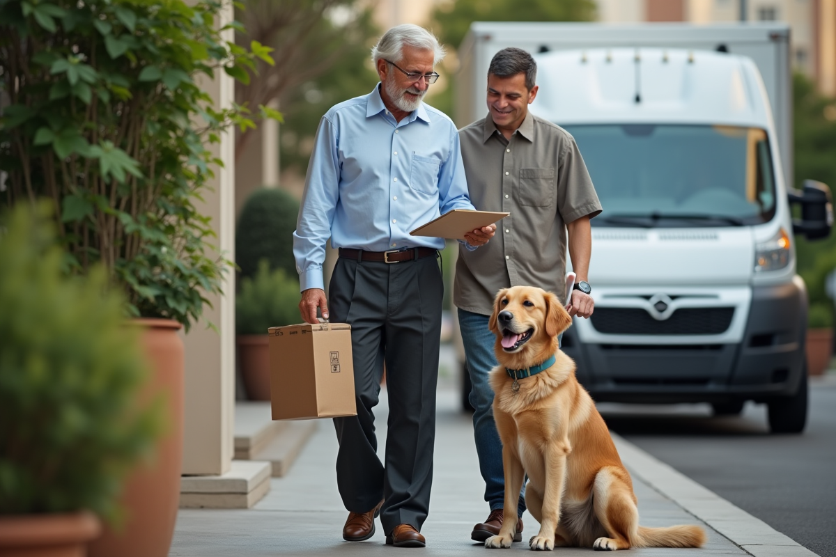 Homme aidé par un déménageur avec un chien de service