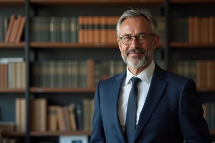 Portrait d'un homme politique français élégant en costume marine dans un bureau parisien contemporain