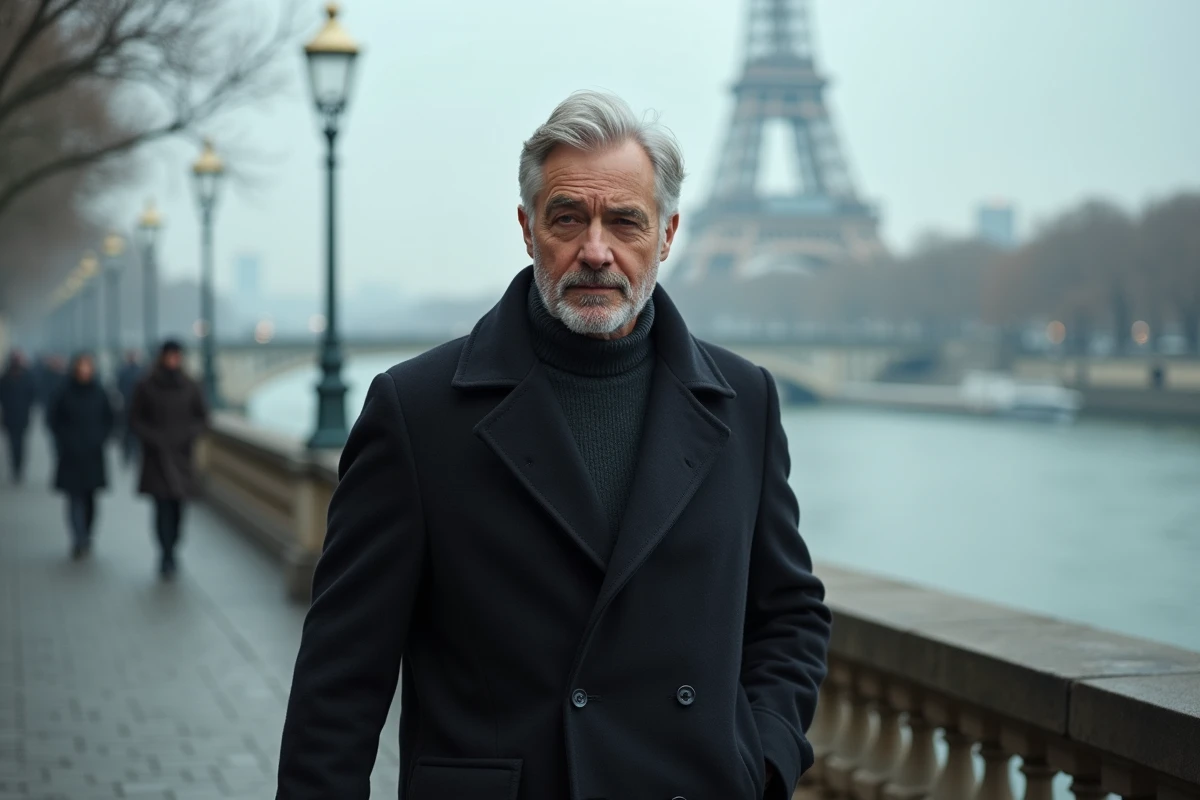 Homme en manteau sombre marchant avec assurance sur les quais de Seine à Paris avec la Tour Eiffel en arrière-plan