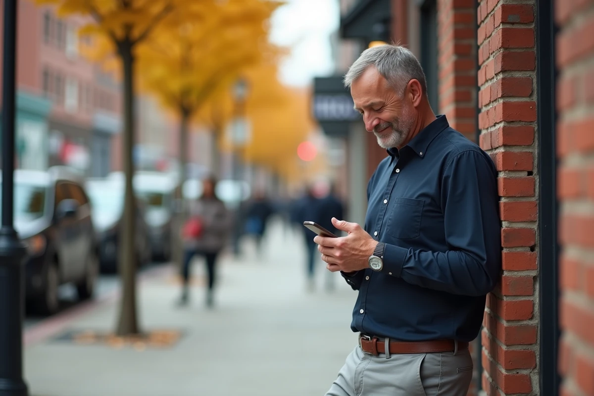 Homme d'âge mûr composant un message d'anniversaire sur son téléphone dans une rue urbaine animée