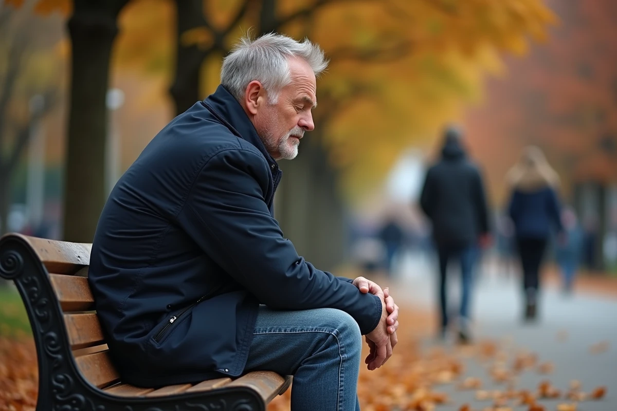 Homme assis seul sur un banc de parc en automne, moment de réflexion intérieure, processus de reconstruction personnelle après une relation conjugale marquée par l'alcool