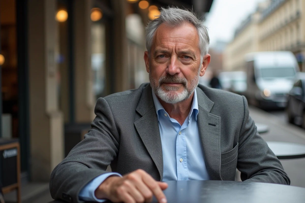 Homme en blazer gris assis en terrasse de café parisien avec architecture haussmannienne en arrière-plan