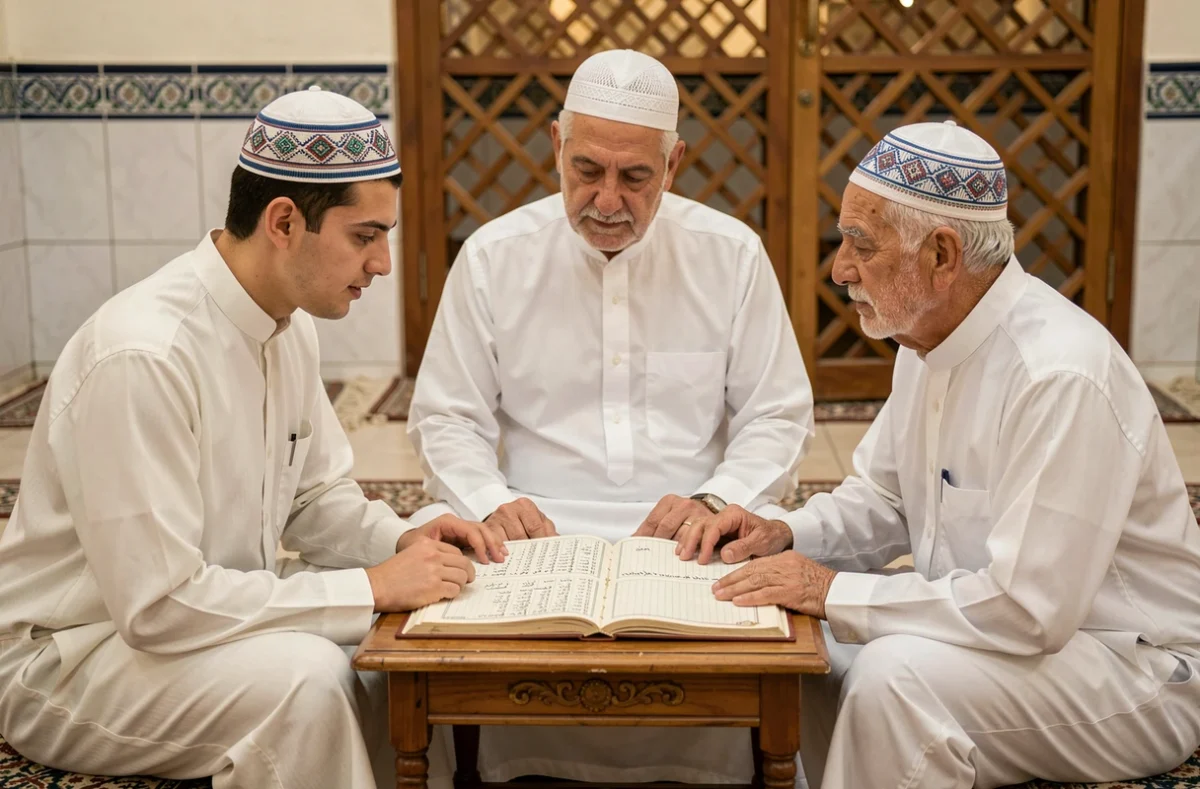 Trois hommes de générations différentes étudient un registre de lignée islamique dans une antichambre de mosquée en Jordanie, symbolisant la transmission et la reconnaissance des descendants du Prophète
