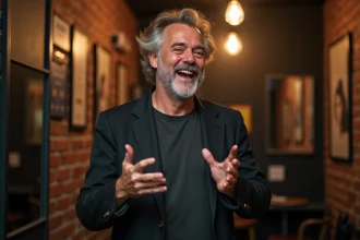 Humoriste français souriant en coulisses lors d'une soirée de spectacle comique
