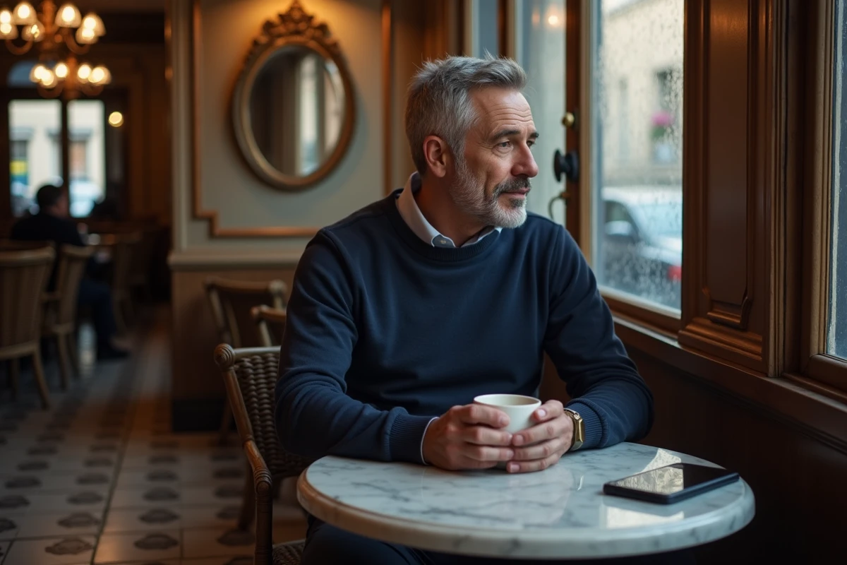 Humoriste français pensif attablé dans un bistrot parisien avec un café et un carnet