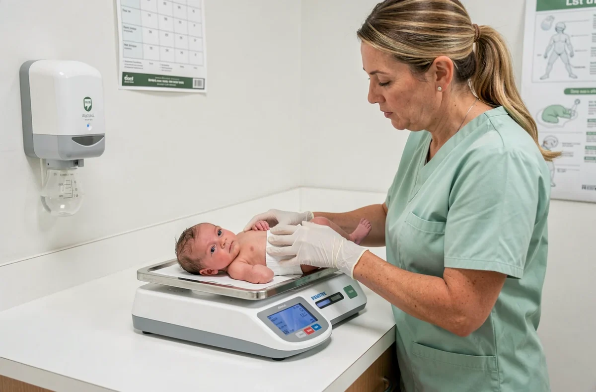 Infirmière puéricultrice pesant un bébé fille prématuré de 3 mois sur une balance médicale en service de néonatologie