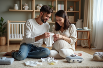 Jeune couple préparant les vêtements pour bébé dans un salon chaleureux
