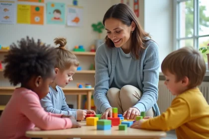 Jeune enseignante en cr&egrave;che avec enfants jouant avec blocs