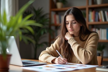 Jeune femme en bureau créatif avec guides d'animation colorés
