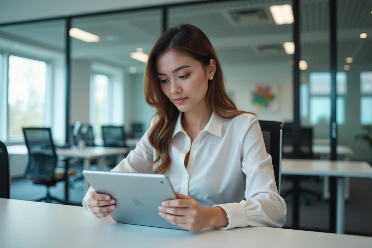 Jeune femme configurant une application bancaire sur sa tablette au bureau